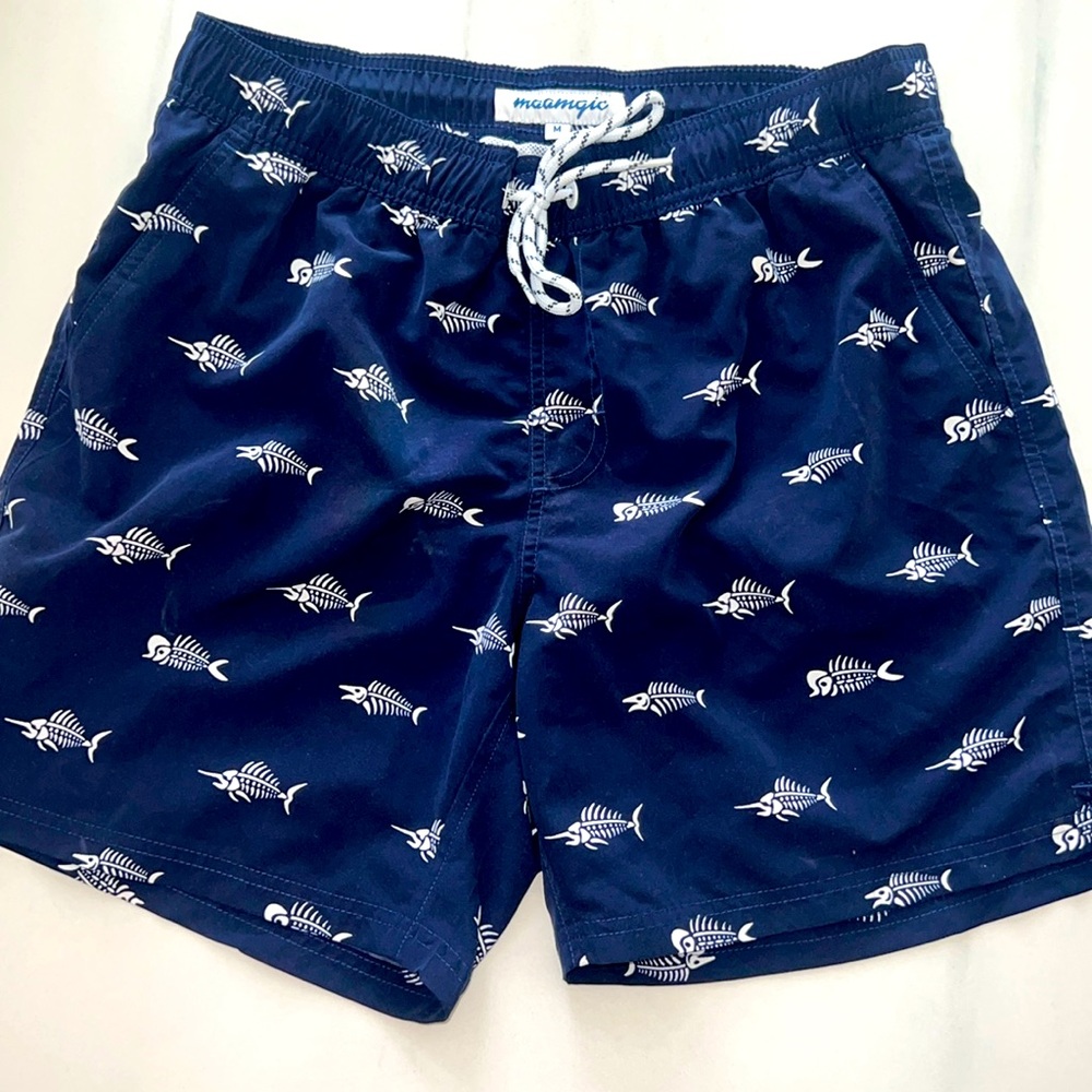 Navy Swim Trunks with Mesh Lining and Fish Print Swim Shorts Size M